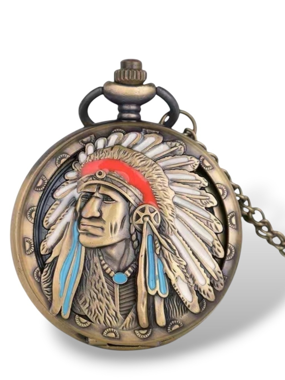 Pocket Watch Native American Traditional Headdress Hinged Flip Open Chain Pouch